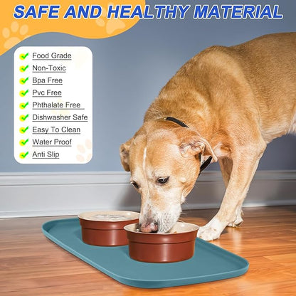 SMILOOL Silicone Pet Feeding Mat with Raised Edge for Food and Water, Dog Bowl Mats, Cat Bowls Placemat with High Lip for Floor Waterproof, Rubber Tray for Cats and Dogs 19 x 12 x0.7 Slate Blue