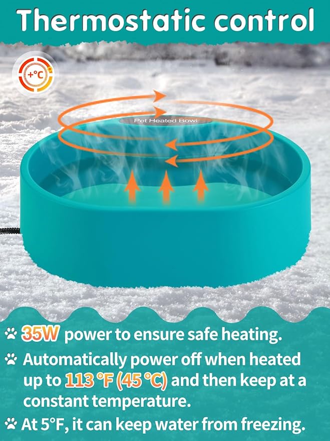 3.7L Heated Water Bowl for Outdoor Dogs Cats - 30W Thermostatic Control Heating Pet Bowl with 6.6Ft Bite-Proof Cord for Winter Chickens