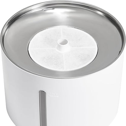 Amazon Basics Large Capacity Pet Water Fountain with Stainless Steel Top, Ultra Quiet, Easy to Clean, BPA Free, 3L, White, 3 Filters Included
