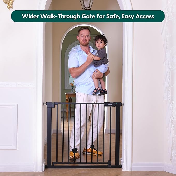 Babelio Baby Gate for Doorways and Stairs, 41-46" Pet Gate with Wide Walk Thru Door and Lock Indicator, No Drill Pressure Mounted Safety Gate with Double Lock and Self-Closing, Black
