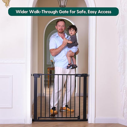 Babelio Baby Gate for Doorways and Stairs, 41-46" Pet Gate with Wide Walk Thru Door and Lock Indicator, No Drill Pressure Mounted Safety Gate with Double Lock and Self-Closing, Black