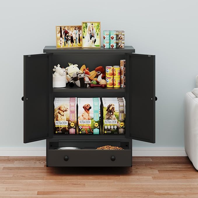 Dog Feeding Station with Storage, Metal Dog Food Storage Cabinet with 2 Elevated Bowls and 3 Hooks, Pet Feeding Station and Food Storage Organizer, Black