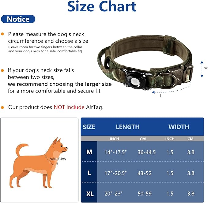 Tactical Dog Collar with AirTag Holder | Heavy Duty & Adjustable GPS Tracking Compatible with Apple AirTag | 100% Waterproof Case & Control Handle for Large Dogs (Camo, XL)