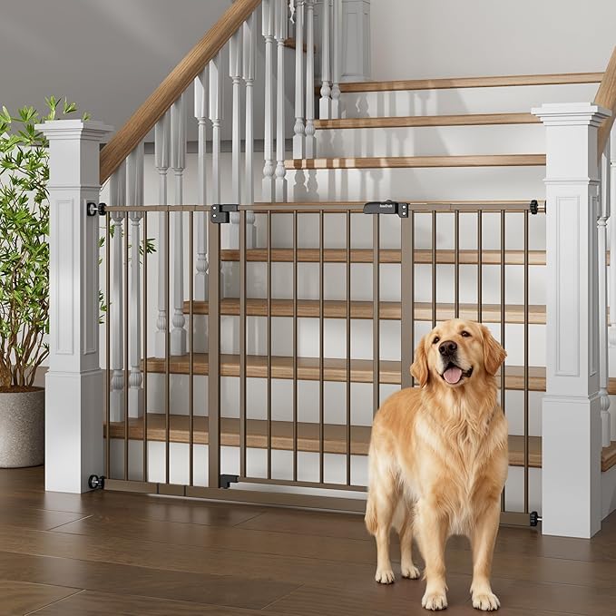 InnoTruth 29.5–49.75" Extra Wide Baby Gate for Stairs, 28" Tall Walk Through Dog Gate for Stairs & Doorways, Pressure-Mounted Safety Gate for Pets & Kids, Dual Lock & 2-Way Swing, Brown