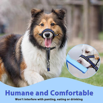 BARKLESS Soft Dog Head Collar, Patented Padded No Pull Head Halter, Training Nose Leash with Safety Link for Medium Large Dogs, Adjustable Muzzle Leash, Easy Control for Walking(Blue, M)