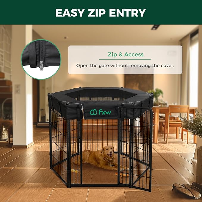 FXW Homeplus Indoor Dog Playpen with Hexagon Mesh Top Cover for Escape Prevention, 40 Inch 6 Panels Heavy Duty Dog Pen for Medium and Large Dogs, Black│Patented