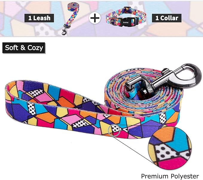 Ihoming Puppy Collar and Leash Set for Daily Outdoor Walking Running Training, Geometric Design for Extra Small Boys Girls Dogs Cats Pets, XS-Up to 10LBS
