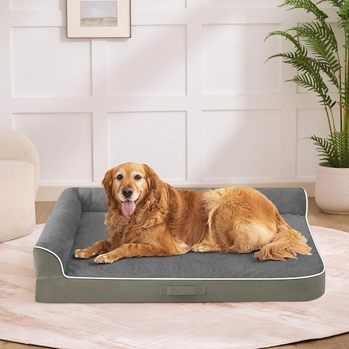 Dog Bed Large Sized Dogs, Orthopedic Dog Bed for Large Dogs, Waterproof Pet Bed with Washable Removable Cover, L-Shaped Pet Couch with Portable Handle 36"x27"x6.5", Olive Green