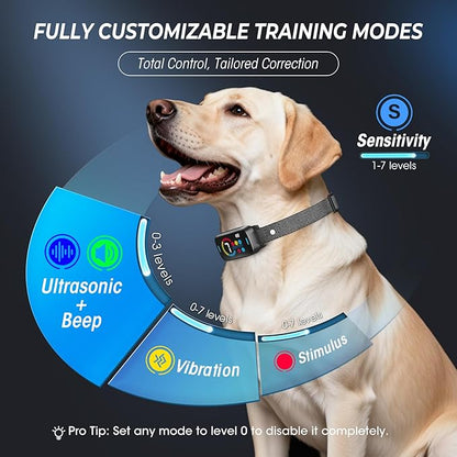 Ultrasonic Bark Collar for Large Medium Small Dogs, Humane Fast & Gentle Anti Bark Collar with Beep & Vibration, Smart Barking Collar with 7 Adjustable Sensitivity Levels,Black