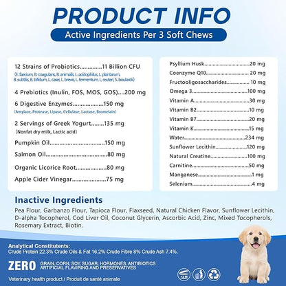 Probiotics for Dogs Dog Probiotic Chews for Yeast Gut Digestive & Immune Health, Itch Relief Ears Skin & Coat with 11Billion CFU Probiotics, 6 Enzymes& 4 Prebiotics, Pumpkin, Omegas & Vitamins,110ct