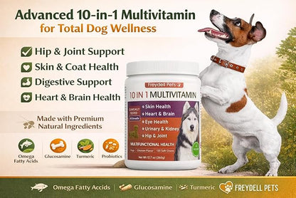 Freydell Pets 10-in-1 Multivitamin Dog Supplement – Glucosamine & Chondroitin Joint Support, Probiotics for Gut Health, Omega Fish Oil Skin & Coat, Immune & Allergy Support Vitamins (120 Chews)