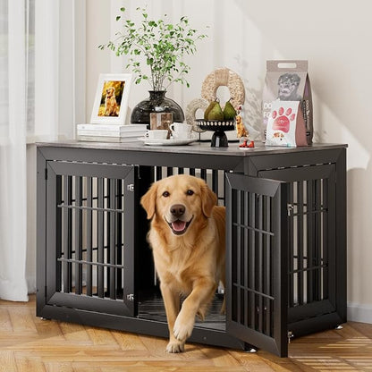 Snuowu 48" Heavy Duty Dog Crate Furniture for Small,Medium and Large Dogs,Rustic Wooden Dog Cage Kennel Indoor Furniture with Waterproof Top,Decorative Pet House Side End Table (Black & Grey)
