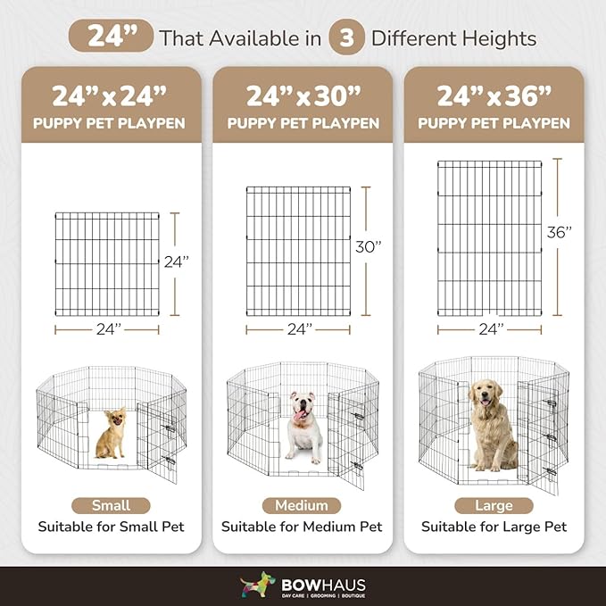 BOWHAUS Foldable Outdoor/Indoor Pet Playpen with Gate, Available in 36 Inch Height Metal Portable Kennel, Heavy-Duty Exercise Fence Cage 8 Panels for Large Dog, Animals