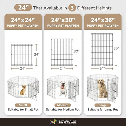 BOWHAUS Foldable Outdoor/Indoor Pet Playpen with Gate, Available in 30 Inch Height Metal Portable Kennel, Heavy-Duty Exercise Fence Cage 8 Panels for Medium Dog, Animals