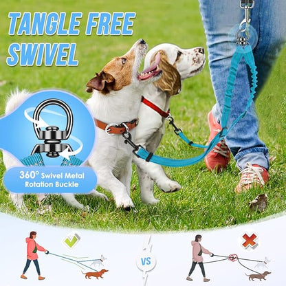 AUTOWT Double Dog Leash, No Tangle 360°Swivel Rotation Reflective Lead Attachment Adjustable Length Dual Two Dogs Lead Splitter, Comfortable Shock Absorbing Walking Training for 2 Dogs