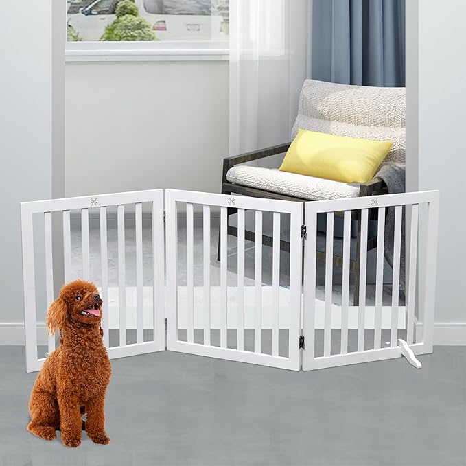 Dog Gate Wooden Freestanding Pet Gate3 Panel 23.6" Height White Indoor Dog Fences,House Gate for Doorways & Stairs