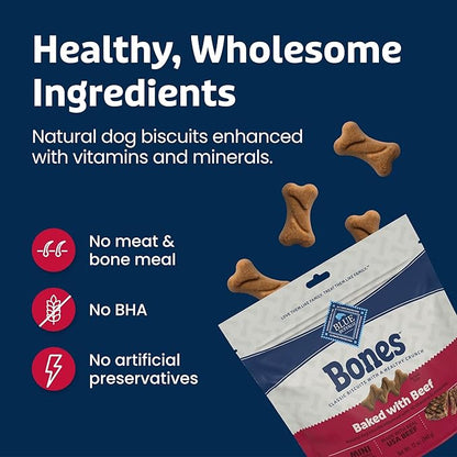 Blue Buffalo Bones Natural Crunchy Dog Treats Mini Dog Biscuits Beef, 12oz. Bag, 4 Count