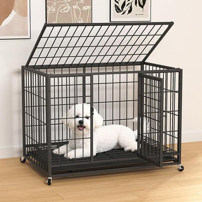 HIWOKK 38 Inch Dog Crates for Meidum Small Dogs,Metal Wire Cages Dog Kennels Pet Cage with Double-Door,Removable Tray,for Small Medium Dogs