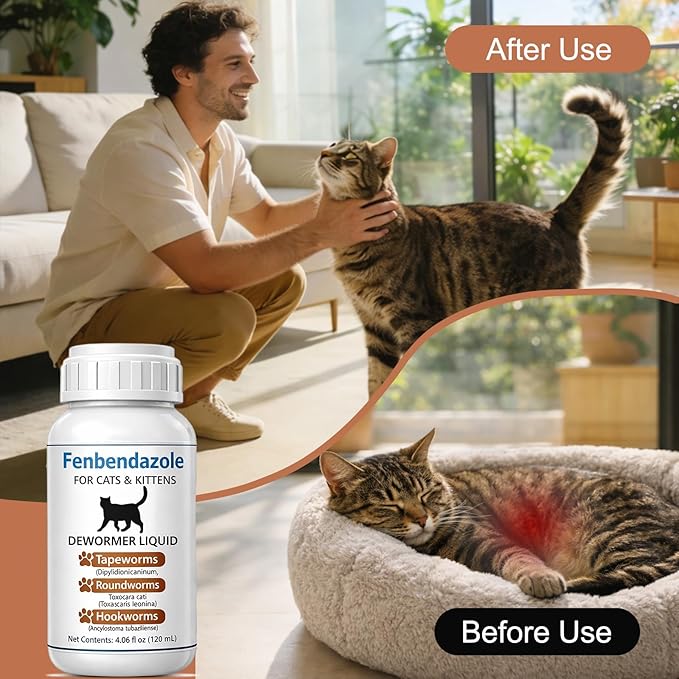 Cat Dewormer for Cats – Fenbendazole Liquid Broad Spectrum Wormer for Tapeworms, Roundworms & Hookworms, 120 mL (4.2 fl oz)