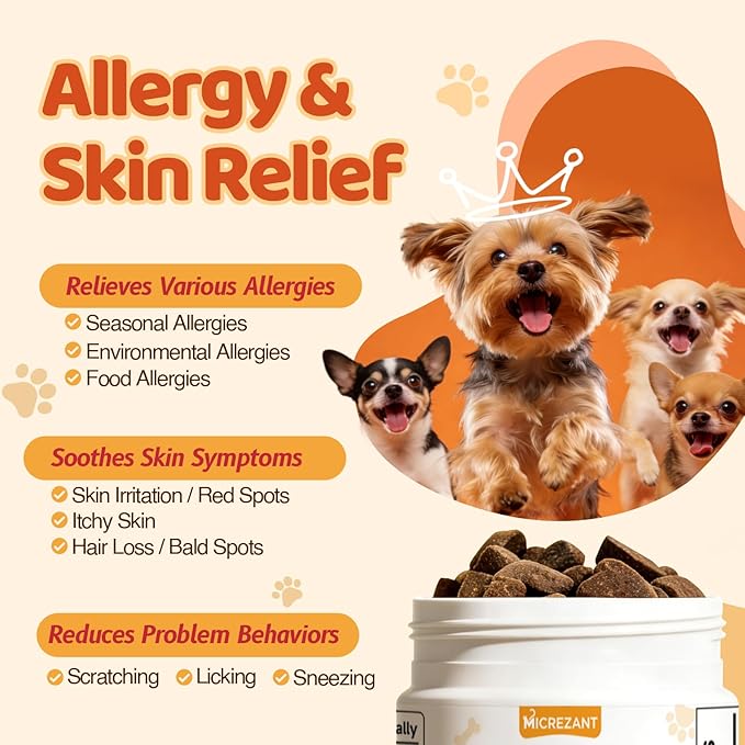 Dog Allergy Chews with Feeding Tweezers, Dog Probiotics for Itchy Skin and Ears, Bovine Colostrum, Lactoferrin and Multivitamins to Ssupport Immune Health for All Ages/Breeds, Chicken, 120 ct/300g