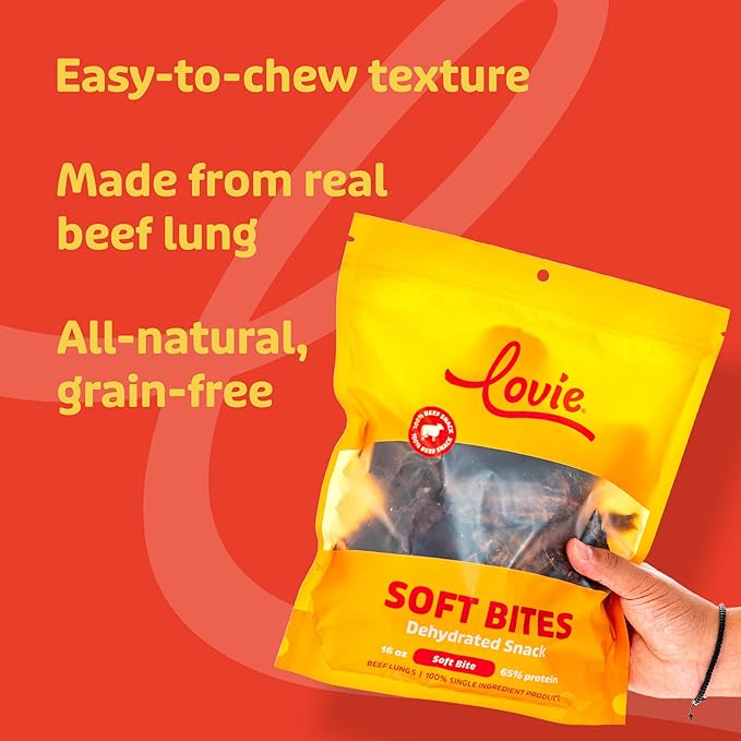 Lovie Beef Lung Dog Treats - Dehydrated Air Dried Soft Bites, Single Ingredient, Protein Rich, 16 oz