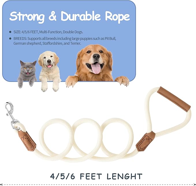 Mile High Life Leather Dog Leash, Heavy Duty Strong Genuine Leather Handle Rope Leash Soft and Comfortable for Small Medium Large Dogs (Cream White, 60 Inch)
