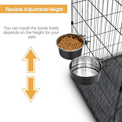 2 Pcs Black Large Pet Dog Food Water Bowl for Cage Stainless Steel Non-Spill Kennel Hanging Cats Bowls with Clamp Holder Crate Feeder Dish for Medium Large Dogs Huge Pets (7.1x3.7'' & 7.1x2.5'')