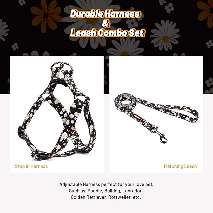 QQPETS Dog Harness Leash Set Adjustable Heavy Duty No Pull Halter Harnesses for Small Medium Large Breed Dogs Back Clip Anti-Twist Perfect for Walking (XS(12"-18" Chest Girth), White Daisy)