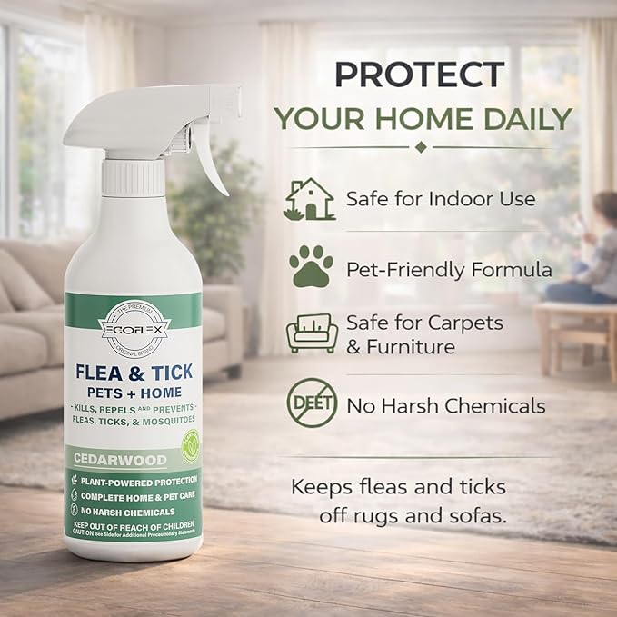 Flea Spray for Home & Pets - Flea and Tick Prevention for Dogs - Plant Based Repellent with Natural Essential Oils for Dog Flea Treatment Protection - Cedarwood Scent - 16 Fl Oz