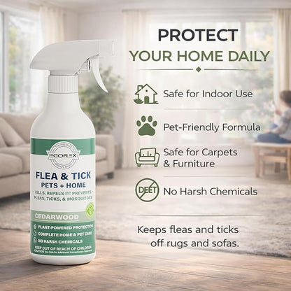 Flea Spray for Home & Pets - Flea and Tick Prevention for Dogs - Plant Based Repellent with Natural Essential Oils for Dog Flea Treatment Protection - Cedarwood Scent - 16 Fl Oz