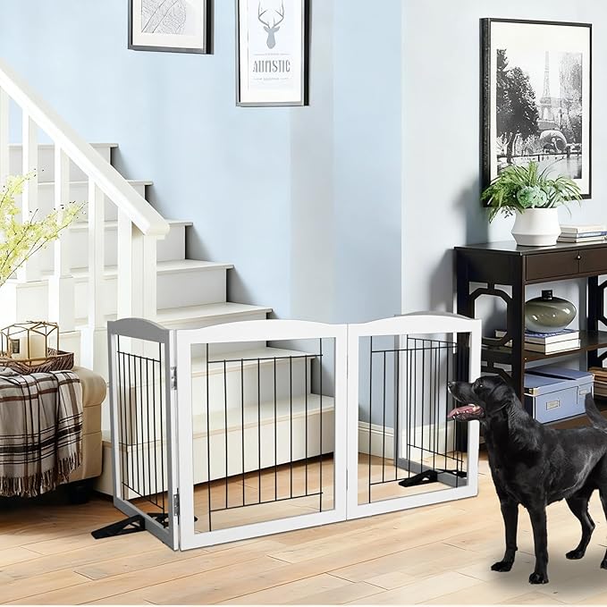 ZJSF Freestanding Dog Fence Indoor, Foldable Dog Gate for Doorways, Stairs or Hallways, Sturdy Wood Extra Wide Pet Gate with Support Feet for The House, White, 24 "Height-4 Panels