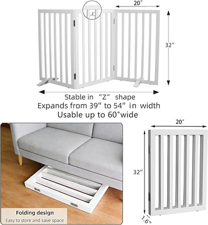 ZJSF Freestanding Indoor Dog Gate for House Foldable Wood White Puppy Gate for Doorways Pet Gate for Stairs Extra Wide Pet Fence 32" Height 3 Panels