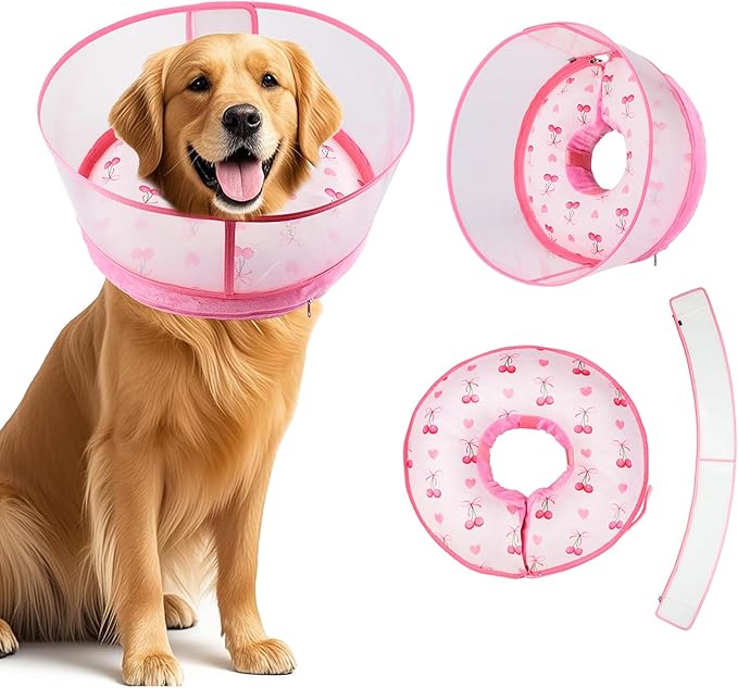 Inflatable Recovery Dog Cone Collar for Large Medium Dogs After Surgery, Soft Dog Donut Collar Adjustable Recovery Bone for Pets, Prevent from Biting & Scratching (Pink, L)