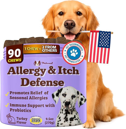 Natural Dog Company Allergy & Itch Defense Chews – Supports Seasonal Allergy, Itch, Skin, Coat & Immune Health, Gut Health with Probiotics, Colostrum & Salmon Oil, Grain-Free Dog Supplement, 90 ct
