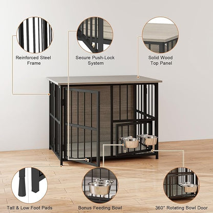 Hadulcet Foldable Dog Crate Furniture, No Assembly Indoor Dog Kennel with Storage Top, Wooden Dog Crate Table for Small to Medium Dogs (Up to 30 lbs), 27.55” Furniture Style Dog Cage with 2 Bowls Gray