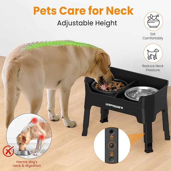URPOWER 3-in-1 Elevated Dog Bowls - Mess Proof Double Deck 4 Height Adjustable Raised Stand with 2 Stainless Steel Food Bowls & Licking Plate for Small, Medium & Large Dogs