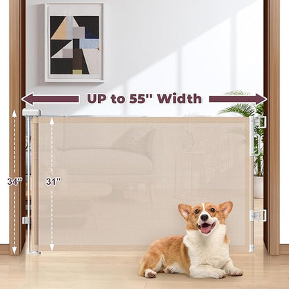 Retractable Baby Gate for Stairs, 55" Wide Mesh Dog Gate Indoor, 34" Tall Child Gate for Doorways, Hallways, Deck, Indoor Outdoor Pet Baby Safety Essentials for Home, Beige