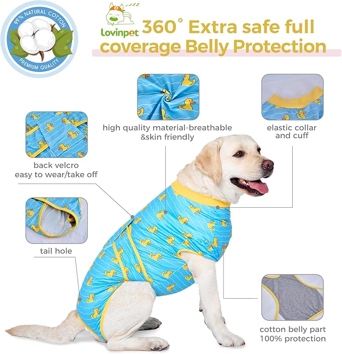 LovinPet Dog Recovery Suit for Large Medium Dogs Pet Pajamas Anti Licking Bodysuit for Abdominal Wound After Surgery for Shedding Skin Disease,Effectively Help,Duck,Blue,M