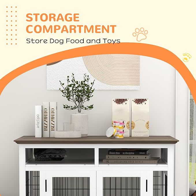 PawHut Dog Crate Furniture Side End Table with Storage, 41" Modern Wooden Dog Kennel Furniture with Double Doors for Small and Medium Dogs, White