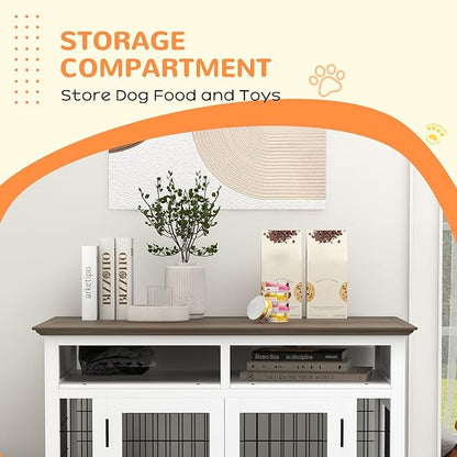 PawHut Dog Crate Furniture Side End Table with Storage, 41" Modern Wooden Dog Kennel Furniture with Double Doors for Small and Medium Dogs, White