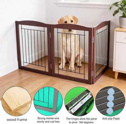 ZJSF Freestanding Foldable Dog Gate for House Extra Wide Wooden Brown Puppy Gate Stairs Dog Gates Doorways Tall Pet Gate 32 "Height 3 Panels Pet Fence