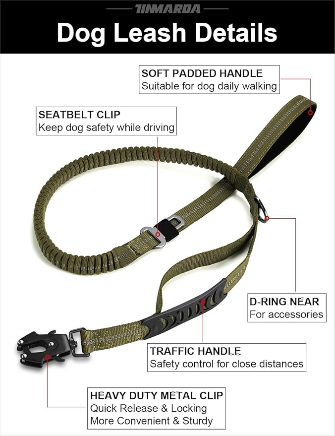 TINMARDA Heavy Duty Dog Leash with 2 Padded Handles & Advanced Easy Metal Clip, 4-6FT Shock Absorbing No Pull Dog Leashes for Medium Large Dogs that Pull (Army Green)