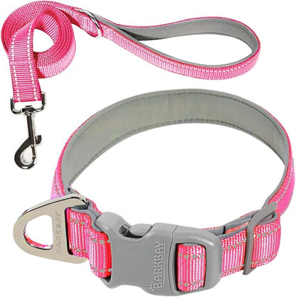 Dog Collar for Medium Small Large Dogs Reflective with Leash,Collar and Leash for Dogs,Soft Neoprene Padded 2 Pack(Pink,M)