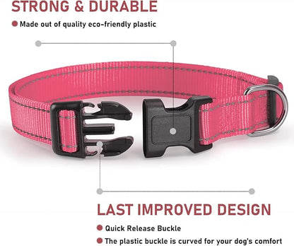 Reflective Dog Collar with Buckle Adjustable Safety Nylon Collars for Small Medium Large Dogs, Light Pink M