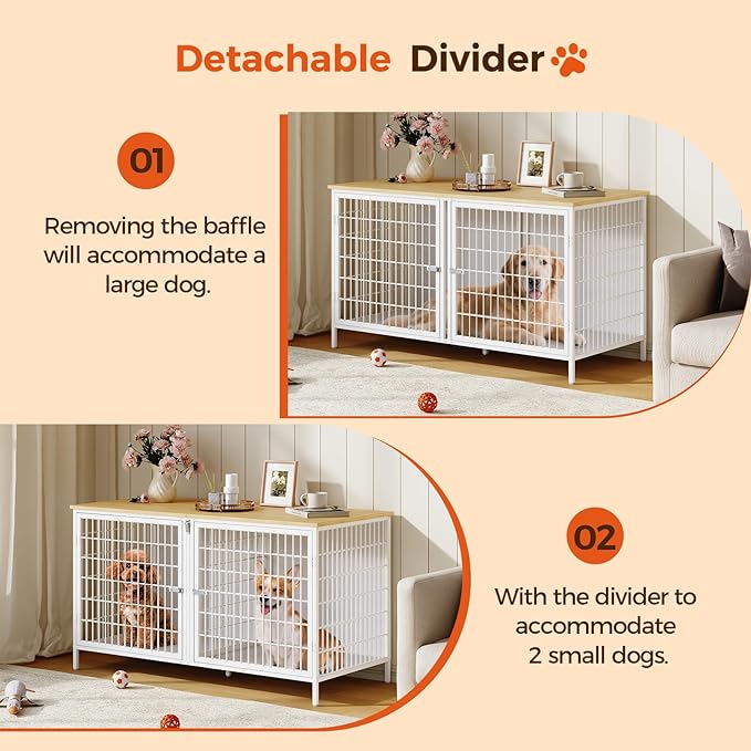 MAHANCRIS Dog Crate Furniture for 2 Dogs, 43.3" Dog Kennel with Removable Divider, Heavy Sturdy Dog Furniture Style Double Cage for Small Medium Dogs, Indoor Pet House End Table, Natural and White
