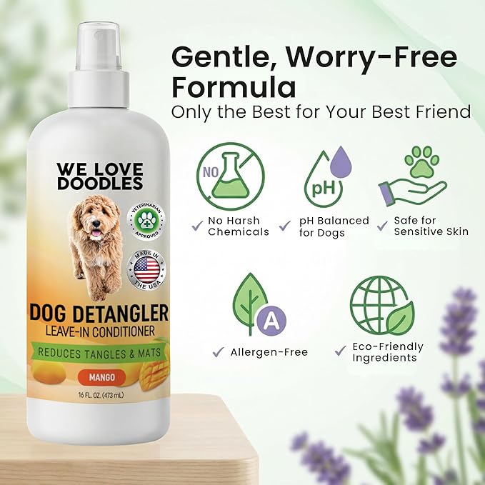 We Love Doodles Dog Detangler Spray - Leave-in Conditioner for Dogs - Dog Detangling Spray - Dematting Spray for Dogs - Tangle Remover - Made in The USA - Large 16 fl oz (Mango)