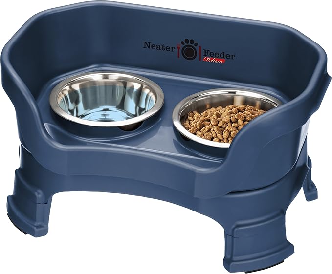 Neater Feeder Deluxe Mess-Proof Elevated Cat Bowls, 2 Height Adjustable (6” & 7.5”) No-Spill Raised Cat Bowl Stand, Whisker Friendly Stainless Steel Dishes for Indoor Cats, Made in USA, Dark Blue