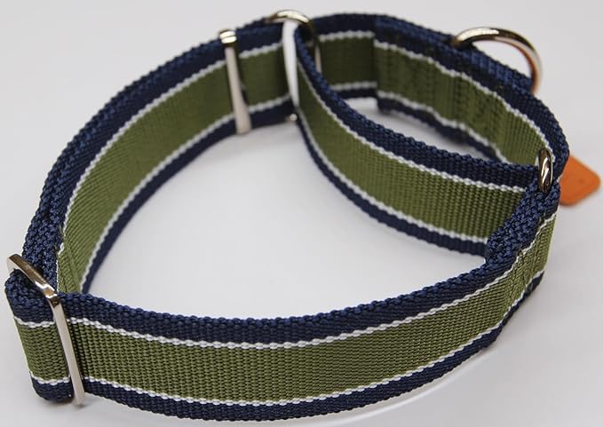 Martingale Collar 1.5 Inch Wide 1600D Extra Strong Anti Escape Nylon Dog Collar, No Pull Heavy Duty Dog Collar with 3-Color Stripe for Medium Dogs (M, Army Green & Gray)