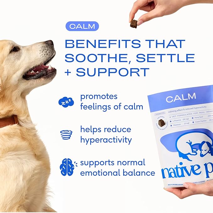 Native Pet Calming Chews for Dogs Large Breed - Promotes Calming Effect, Supports Emotional Balance & Reduces Hyperactivity - Hemp Seed, Melatonin for Dogs, L-Theanine & Casein - 30 Days Supply