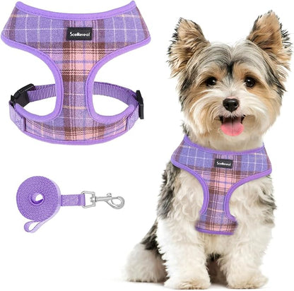 SCENEREAL No Pull Dog Harness with Leash Set for Small Dogs - Breathable Soft Mesh Vest, Plaid Design for Daily Walking Training, Fits Chihuahua Bulldog, Purple Size XS